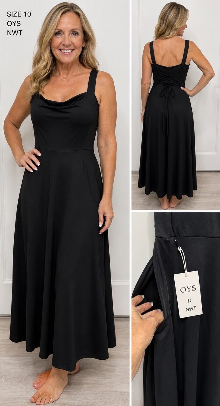 OYS Black NWT Large Sleeveless Square Neck A-line tie back flowy Midi dress